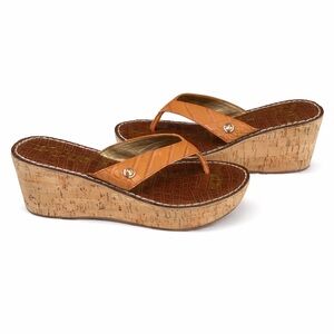 SAM EDELMAN Women’s ROMY Cognac Leather Croc Embossed Cork Wedge Sandals 9.5